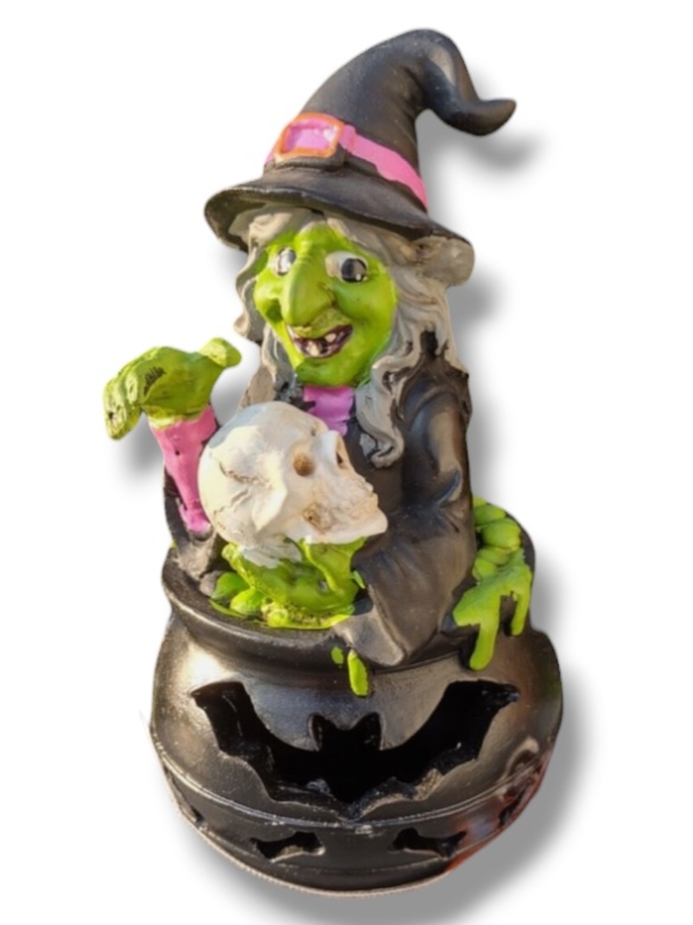 Halloween Cackling Witch Boiling Cauldron Skull Decor